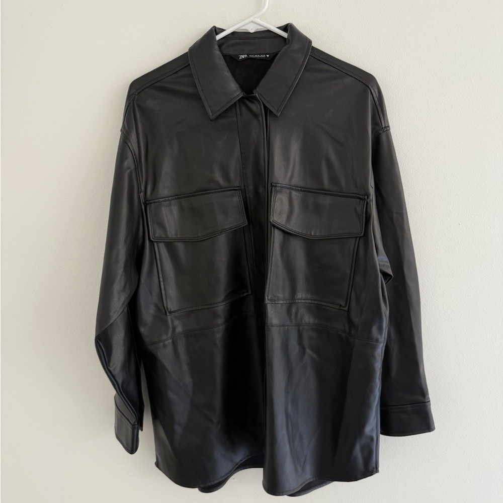 Zara Black Leather Overshirt Size M